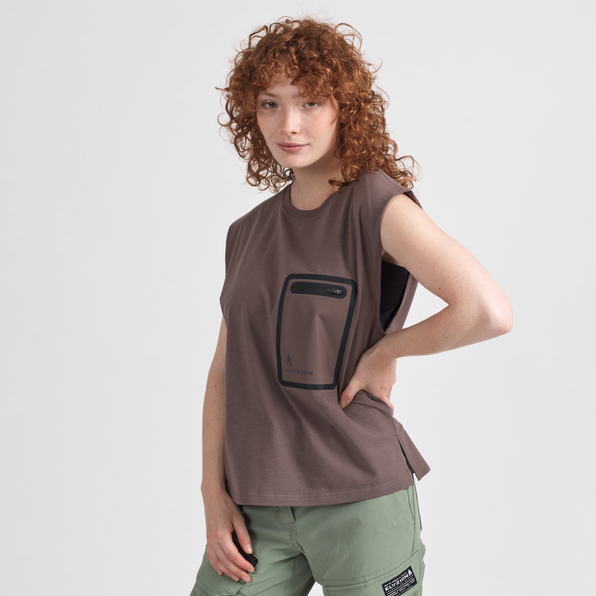 Elyzion "Savannah" Sleeveless Cargo T-shirt - Coffee Quartz